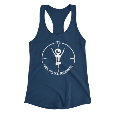 Navy Racerback T-shirt featuring the text 'It's wine o'clock somewhere,' accompanied by an image of a wine cork as the hands of a clock, with a yin yang symbol on the face. Designed by WooHoo Apparel.